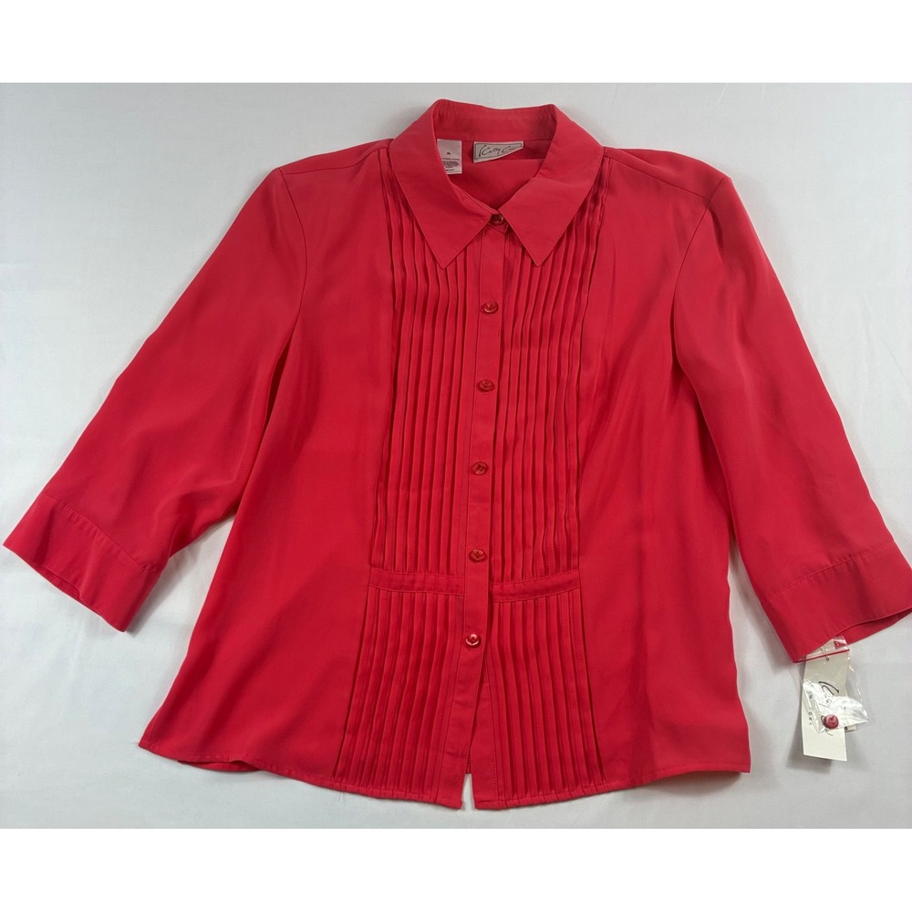 Cathy Che Pleated Tuxedo Blouse Womens XL Red NWT 3/4 Sleeve Button Front Top